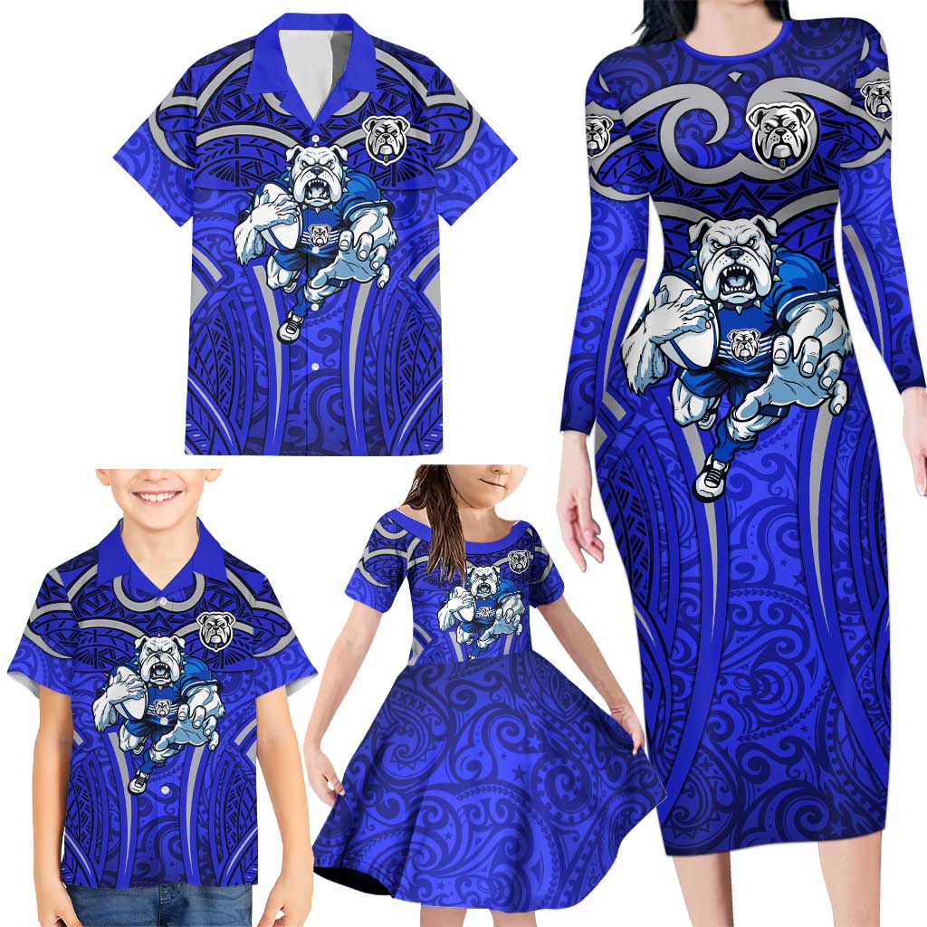Canterbury Bankstown Bulldogs Rugby Family Matching Long Sleeve Bodycon Dress and Hawaiian Shirt Polynesian Tribal Bulldog Warrior Blue Pattern