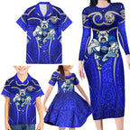 Canterbury Bankstown Bulldogs Rugby Family Matching Long Sleeve Bodycon Dress and Hawaiian Shirt Polynesian Tribal Bulldog Warrior Blue Pattern