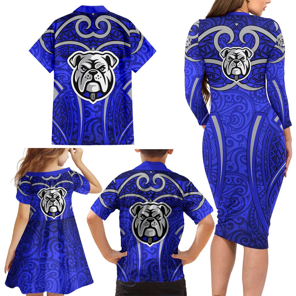 Canterbury Bankstown Bulldogs Rugby Family Matching Long Sleeve Bodycon Dress and Hawaiian Shirt Polynesian Tribal Bulldog Warrior Blue Pattern