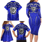 Canterbury Bankstown Bulldogs Rugby Family Matching Long Sleeve Bodycon Dress and Hawaiian Shirt Polynesian Tribal Bulldog Warrior Blue Pattern