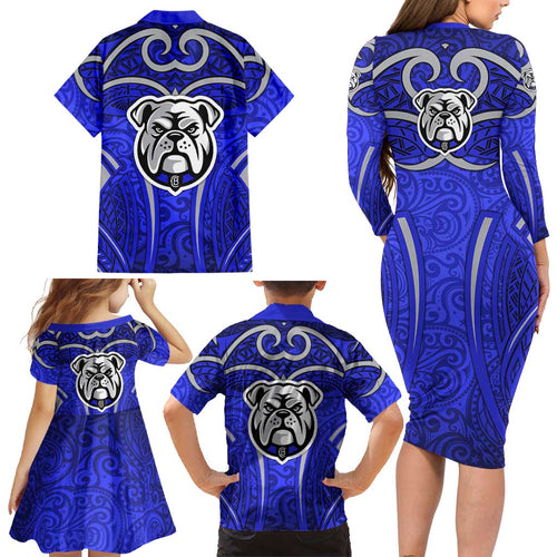 Canterbury Bankstown Bulldogs Rugby Family Matching Long Sleeve Bodycon Dress and Hawaiian Shirt Polynesian Tribal Bulldog Warrior Blue Pattern