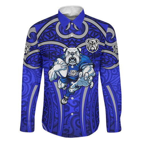 Canterbury Bankstown Bulldogs Rugby Family Matching Long Sleeve Bodycon Dress and Hawaiian Shirt Polynesian Tribal Bulldog Warrior Blue Pattern