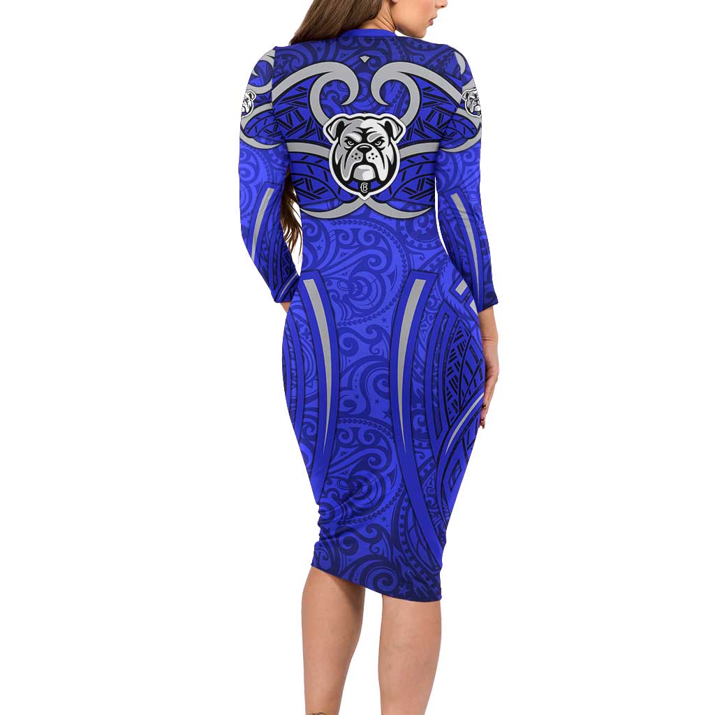 Canterbury Bankstown Bulldogs Rugby Family Matching Long Sleeve Bodycon Dress and Hawaiian Shirt Polynesian Tribal Bulldog Warrior Blue Pattern