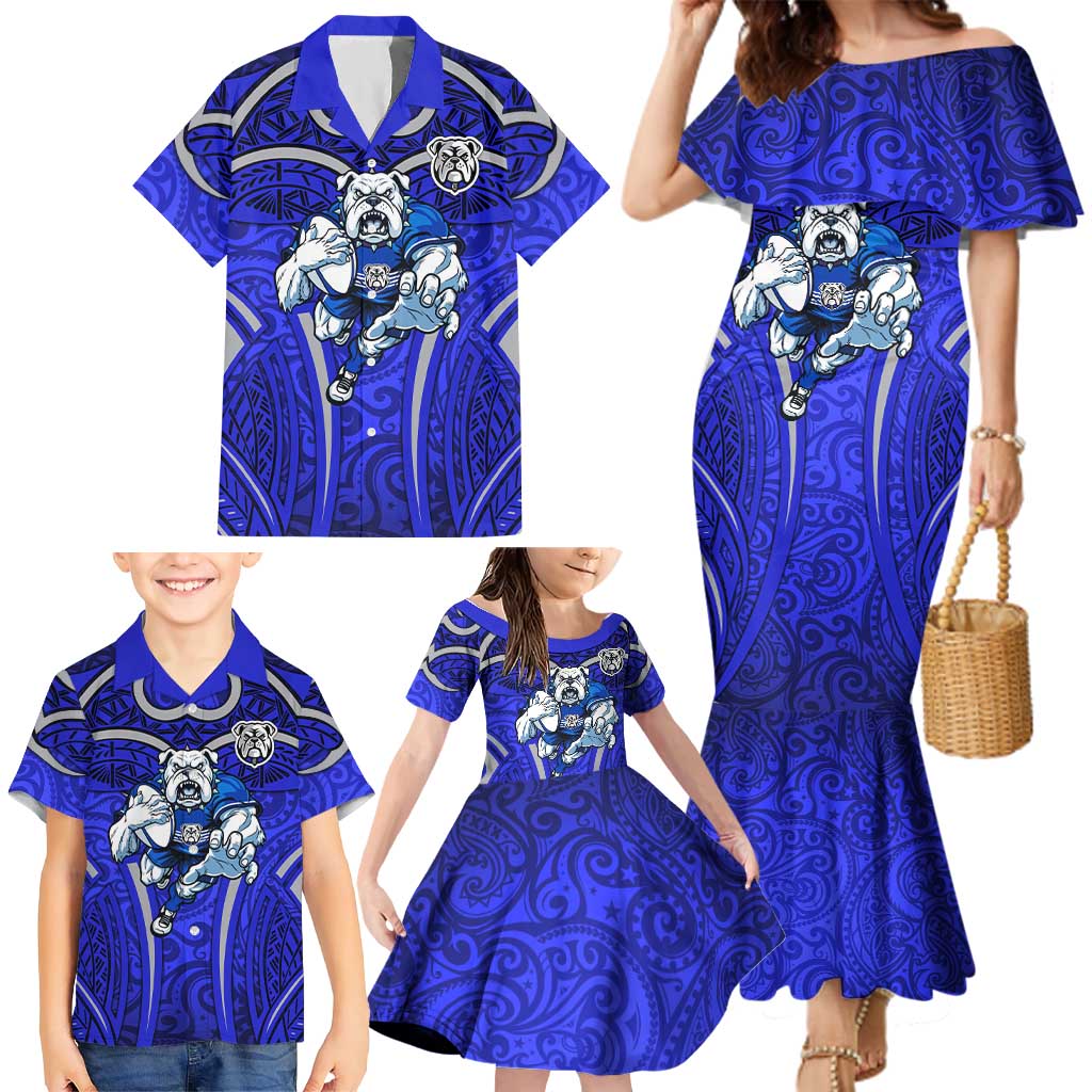 Canterbury Bankstown Bulldogs Rugby Family Matching Mermaid Dress and Hawaiian Shirt Polynesian Tribal Bulldog Warrior Blue Pattern