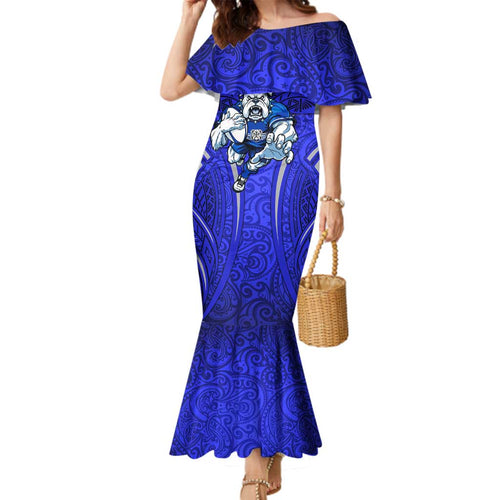Canterbury Bankstown Bulldogs Rugby Family Matching Mermaid Dress and Hawaiian Shirt Polynesian Tribal Bulldog Warrior Blue Pattern