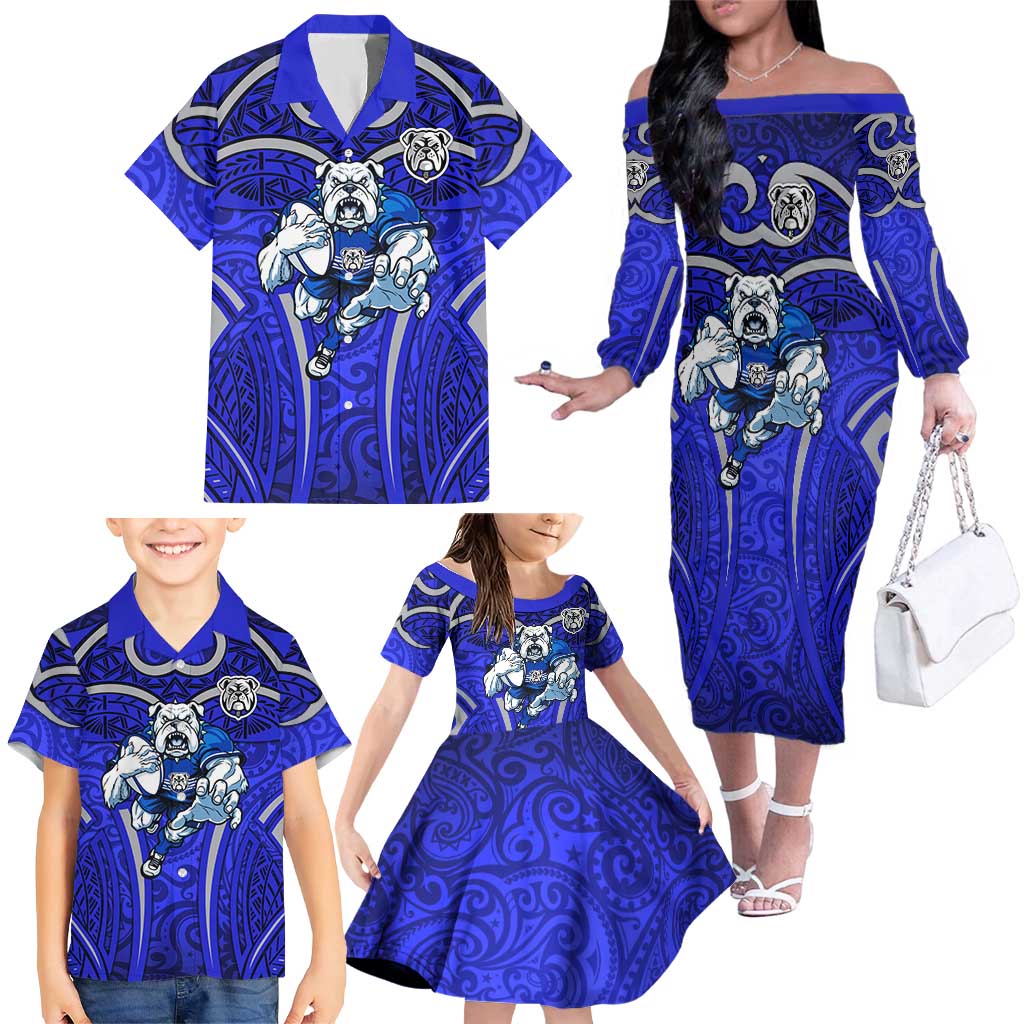 Canterbury Bankstown Bulldogs Rugby Family Matching Off The Shoulder Long Sleeve Dress and Hawaiian Shirt Polynesian Tribal Bulldog Warrior Blue Pattern
