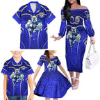 Canterbury Bankstown Bulldogs Rugby Family Matching Off The Shoulder Long Sleeve Dress and Hawaiian Shirt Polynesian Tribal Bulldog Warrior Blue Pattern