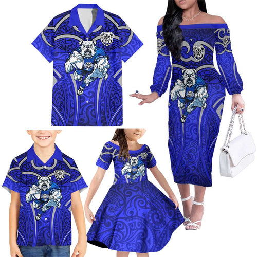 Canterbury Bankstown Bulldogs Rugby Family Matching Off The Shoulder Long Sleeve Dress and Hawaiian Shirt Polynesian Tribal Bulldog Warrior Blue Pattern