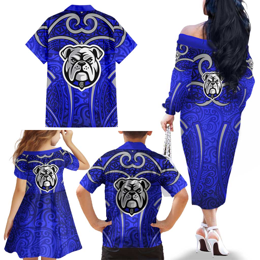 Canterbury Bankstown Bulldogs Rugby Family Matching Off The Shoulder Long Sleeve Dress and Hawaiian Shirt Polynesian Tribal Bulldog Warrior Blue Pattern