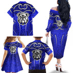 Canterbury Bankstown Bulldogs Rugby Family Matching Off The Shoulder Long Sleeve Dress and Hawaiian Shirt Polynesian Tribal Bulldog Warrior Blue Pattern