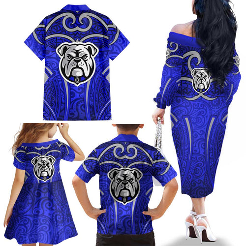 Canterbury Bankstown Bulldogs Rugby Family Matching Off The Shoulder Long Sleeve Dress and Hawaiian Shirt Polynesian Tribal Bulldog Warrior Blue Pattern