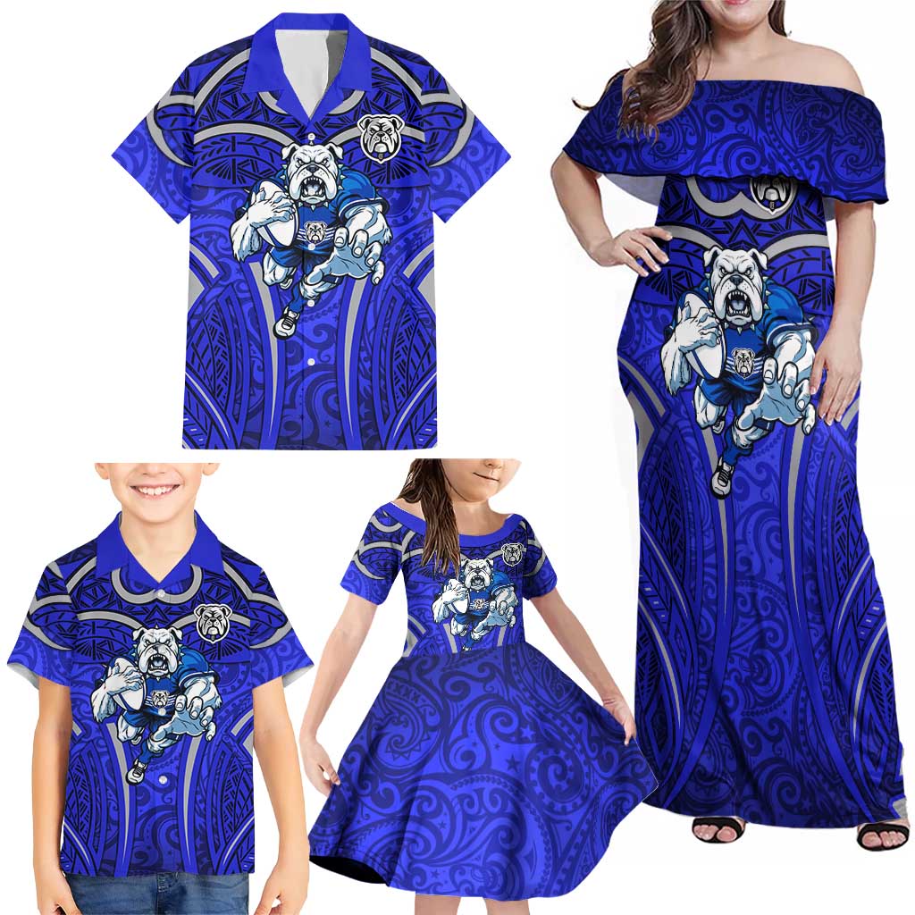 Canterbury Bankstown Bulldogs Rugby Family Matching Off Shoulder Maxi Dress and Hawaiian Shirt Polynesian Tribal Bulldog Warrior Blue Pattern