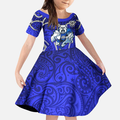 Canterbury Bankstown Bulldogs Rugby Family Matching Off Shoulder Maxi Dress and Hawaiian Shirt Polynesian Tribal Bulldog Warrior Blue Pattern