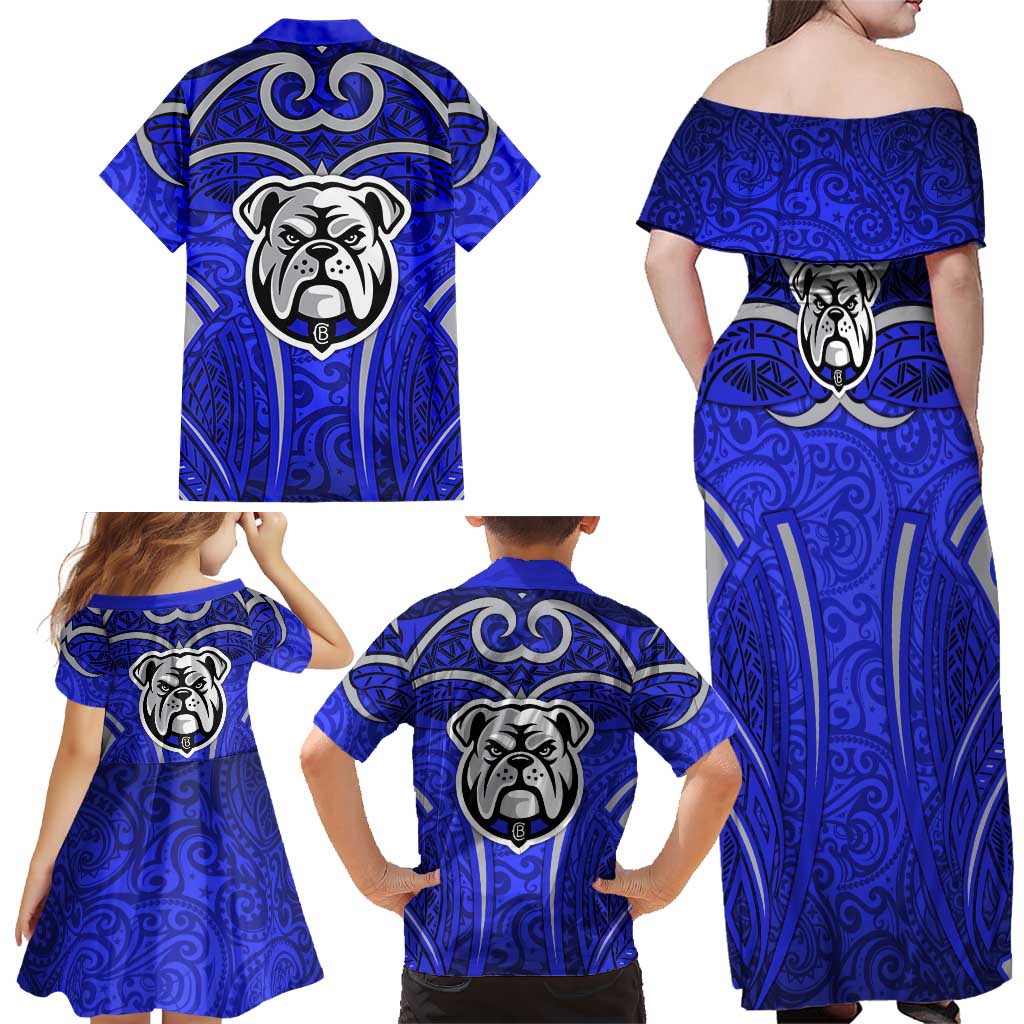 Canterbury Bankstown Bulldogs Rugby Family Matching Off Shoulder Maxi Dress and Hawaiian Shirt Polynesian Tribal Bulldog Warrior Blue Pattern