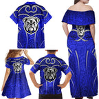 Canterbury Bankstown Bulldogs Rugby Family Matching Off Shoulder Maxi Dress and Hawaiian Shirt Polynesian Tribal Bulldog Warrior Blue Pattern