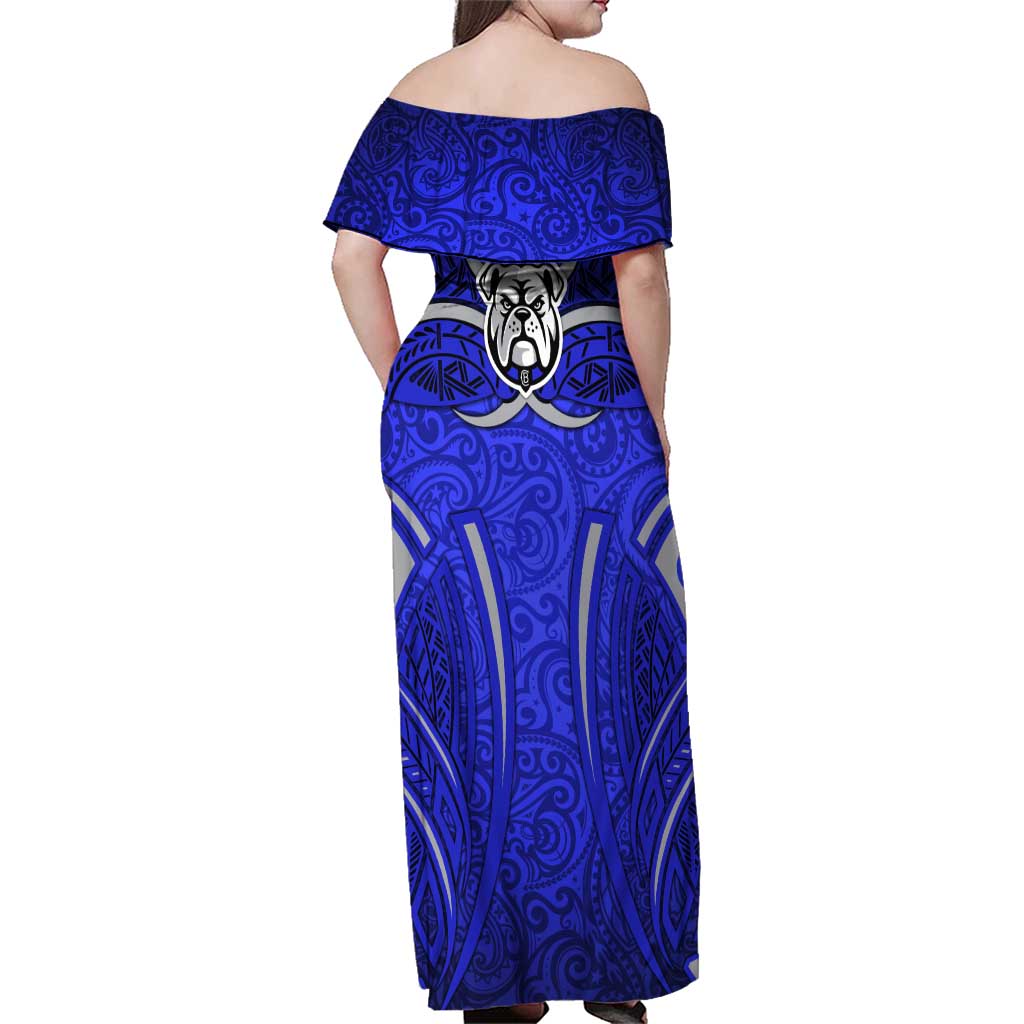 Canterbury Bankstown Bulldogs Rugby Family Matching Off Shoulder Maxi Dress and Hawaiian Shirt Polynesian Tribal Bulldog Warrior Blue Pattern