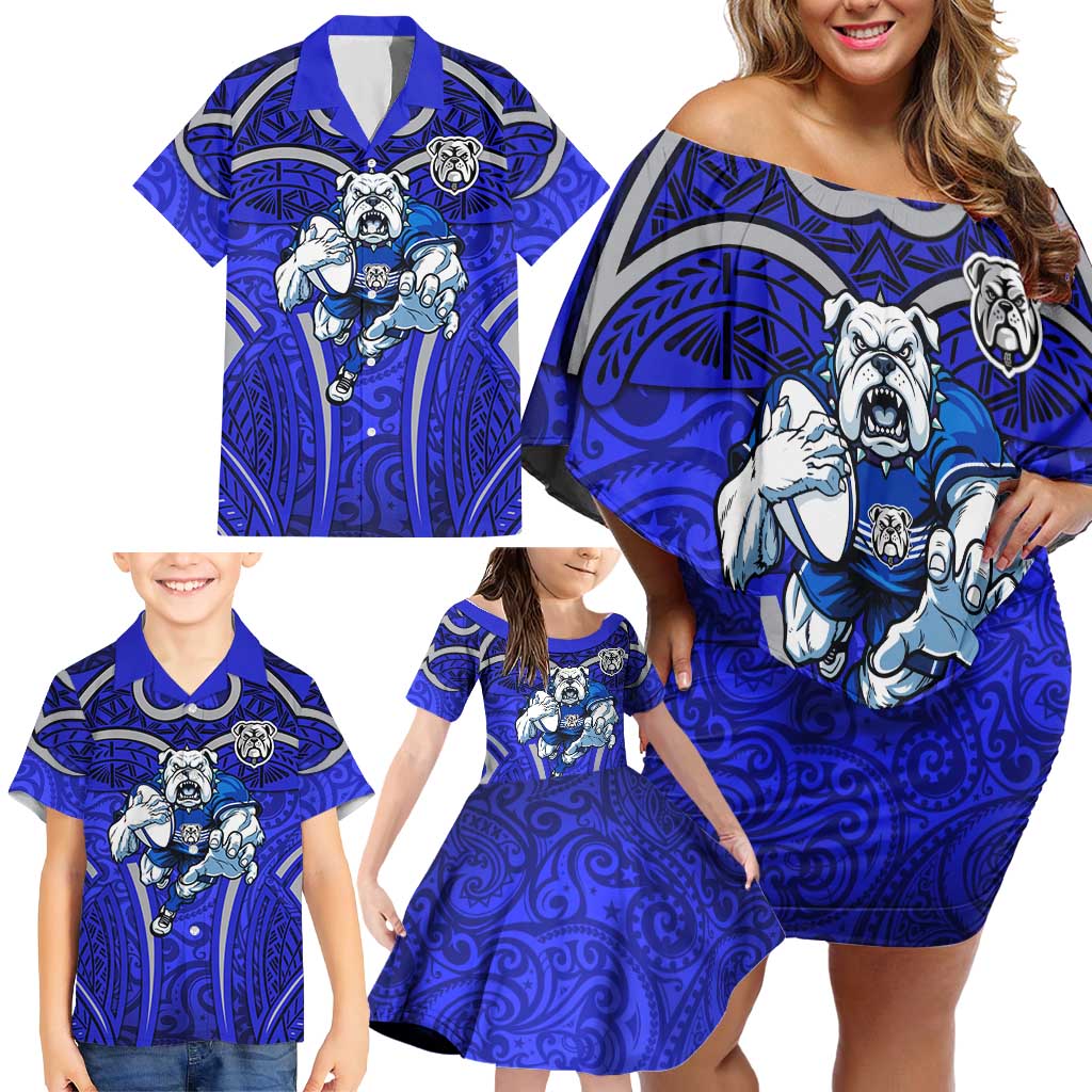 Canterbury Bankstown Bulldogs Rugby Family Matching Off Shoulder Short Dress and Hawaiian Shirt Polynesian Tribal Bulldog Warrior Blue Pattern