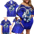 Canterbury Bankstown Bulldogs Rugby Family Matching Off Shoulder Short Dress and Hawaiian Shirt Polynesian Tribal Bulldog Warrior Blue Pattern