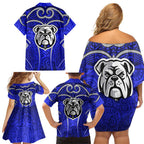 Canterbury Bankstown Bulldogs Rugby Family Matching Off Shoulder Short Dress and Hawaiian Shirt Polynesian Tribal Bulldog Warrior Blue Pattern