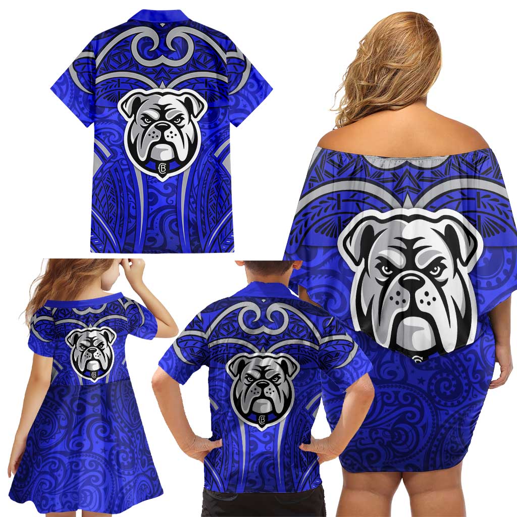 Canterbury Bankstown Bulldogs Rugby Family Matching Off Shoulder Short Dress and Hawaiian Shirt Polynesian Tribal Bulldog Warrior Blue Pattern
