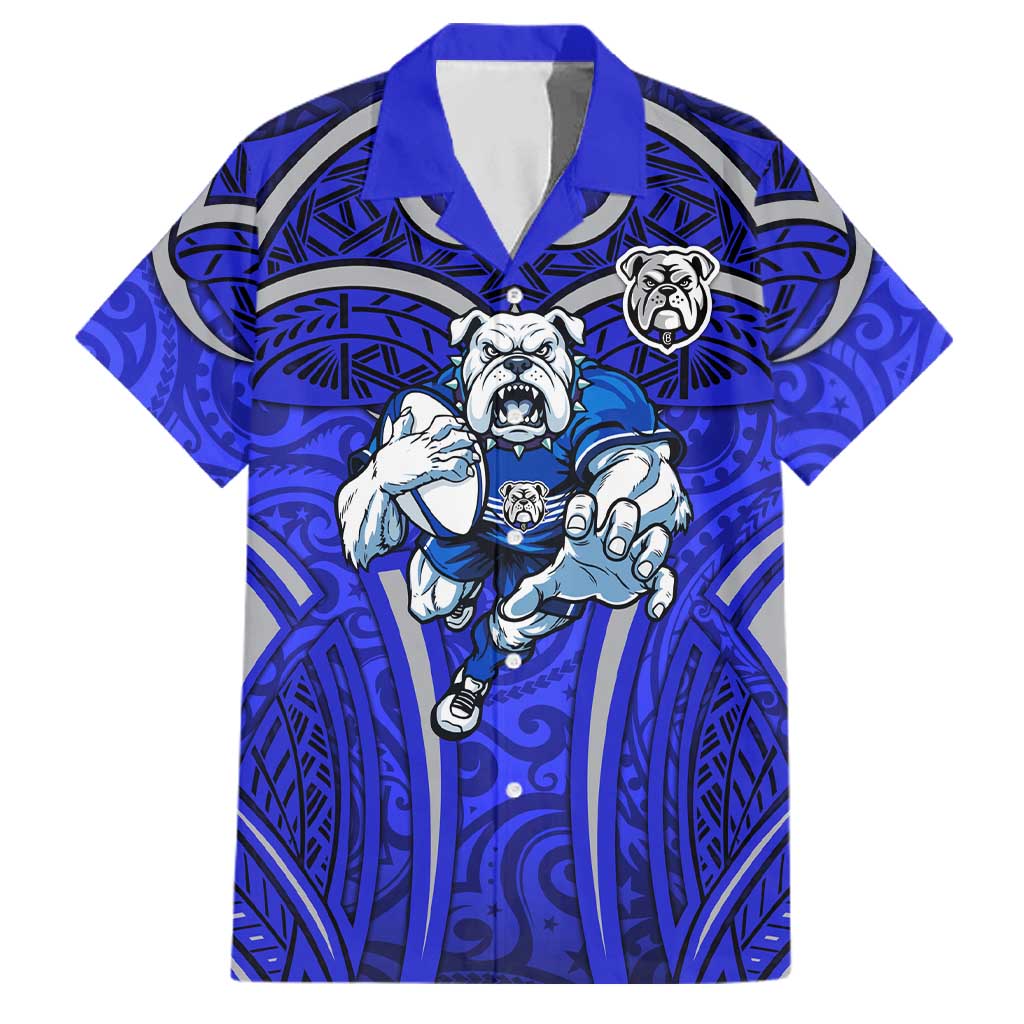 Canterbury Bankstown Bulldogs Rugby Family Matching Off Shoulder Short Dress and Hawaiian Shirt Polynesian Tribal Bulldog Warrior Blue Pattern