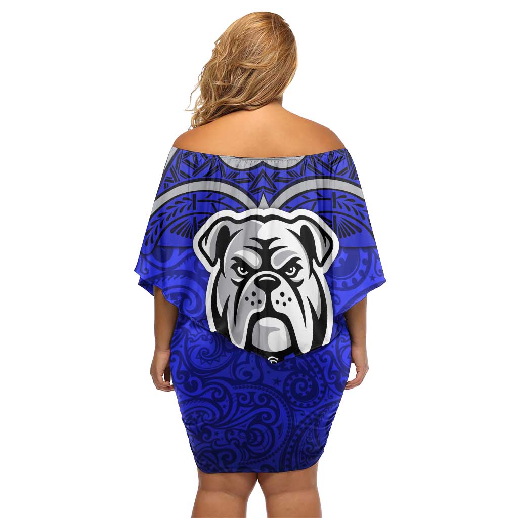 Canterbury Bankstown Bulldogs Rugby Family Matching Off Shoulder Short Dress and Hawaiian Shirt Polynesian Tribal Bulldog Warrior Blue Pattern
