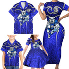 Canterbury Bankstown Bulldogs Rugby Family Matching Short Sleeve Bodycon Dress and Hawaiian Shirt Polynesian Tribal Bulldog Warrior Blue Pattern