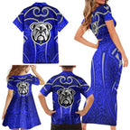 Canterbury Bankstown Bulldogs Rugby Family Matching Short Sleeve Bodycon Dress and Hawaiian Shirt Polynesian Tribal Bulldog Warrior Blue Pattern