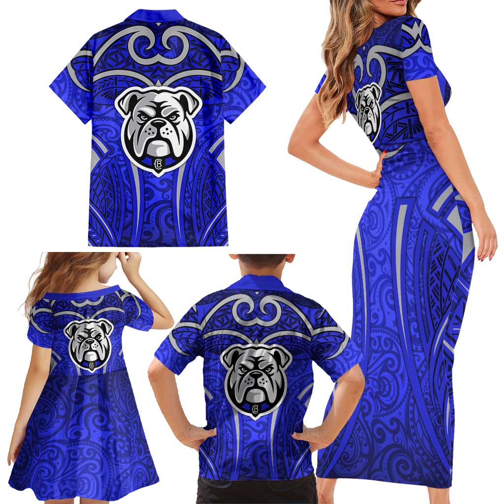 Canterbury Bankstown Bulldogs Rugby Family Matching Short Sleeve Bodycon Dress and Hawaiian Shirt Polynesian Tribal Bulldog Warrior Blue Pattern