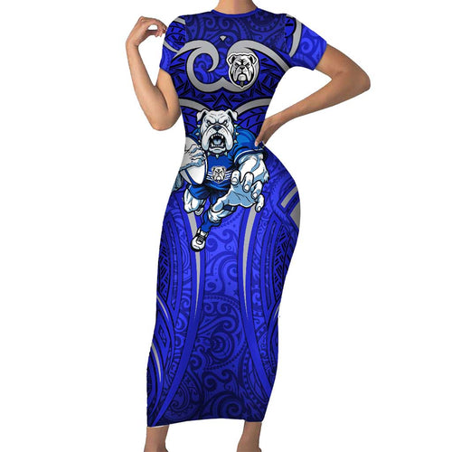 Canterbury Bankstown Bulldogs Rugby Family Matching Short Sleeve Bodycon Dress and Hawaiian Shirt Polynesian Tribal Bulldog Warrior Blue Pattern
