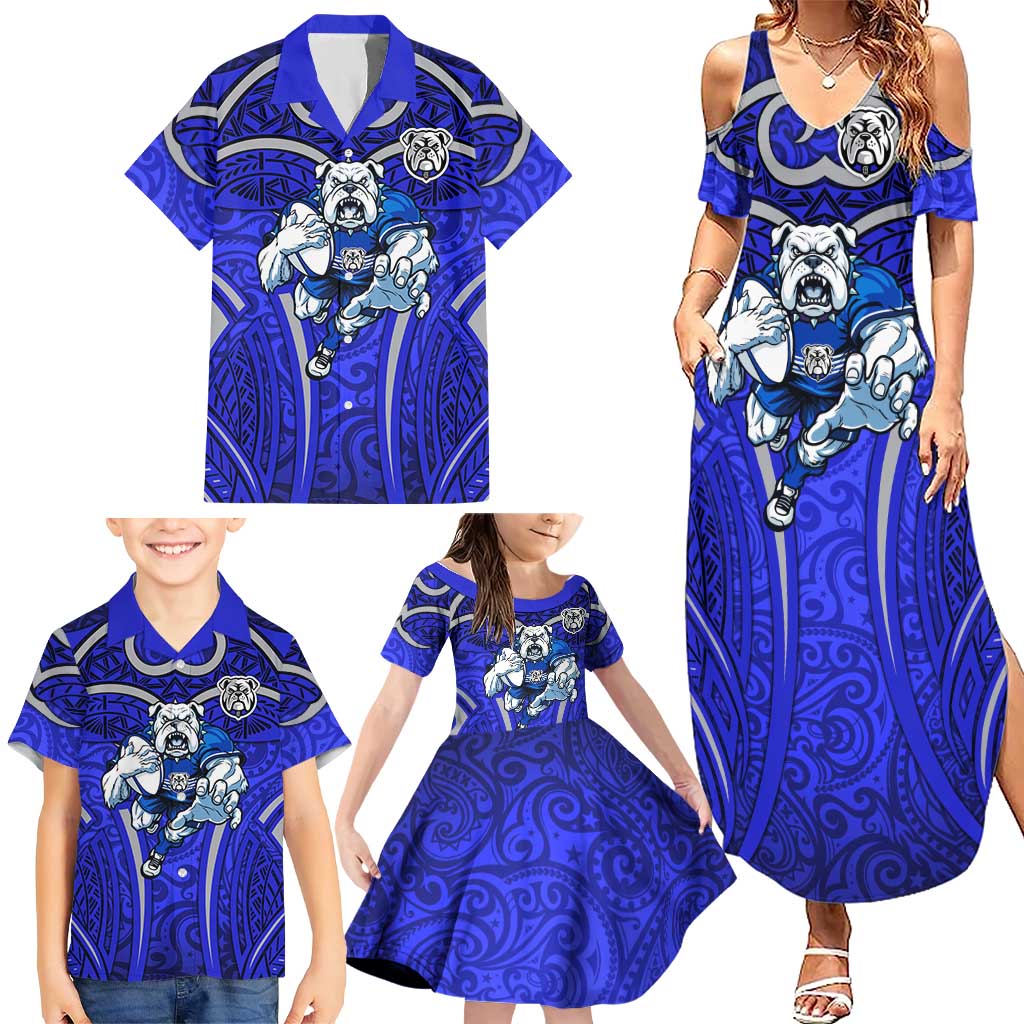 Canterbury Bankstown Bulldogs Rugby Family Matching Summer Maxi Dress and Hawaiian Shirt Polynesian Tribal Bulldog Warrior Blue Pattern