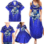 Canterbury Bankstown Bulldogs Rugby Family Matching Summer Maxi Dress and Hawaiian Shirt Polynesian Tribal Bulldog Warrior Blue Pattern