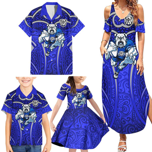 Canterbury Bankstown Bulldogs Rugby Family Matching Summer Maxi Dress and Hawaiian Shirt Polynesian Tribal Bulldog Warrior Blue Pattern