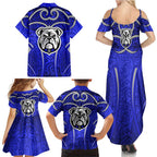 Canterbury Bankstown Bulldogs Rugby Family Matching Summer Maxi Dress and Hawaiian Shirt Polynesian Tribal Bulldog Warrior Blue Pattern