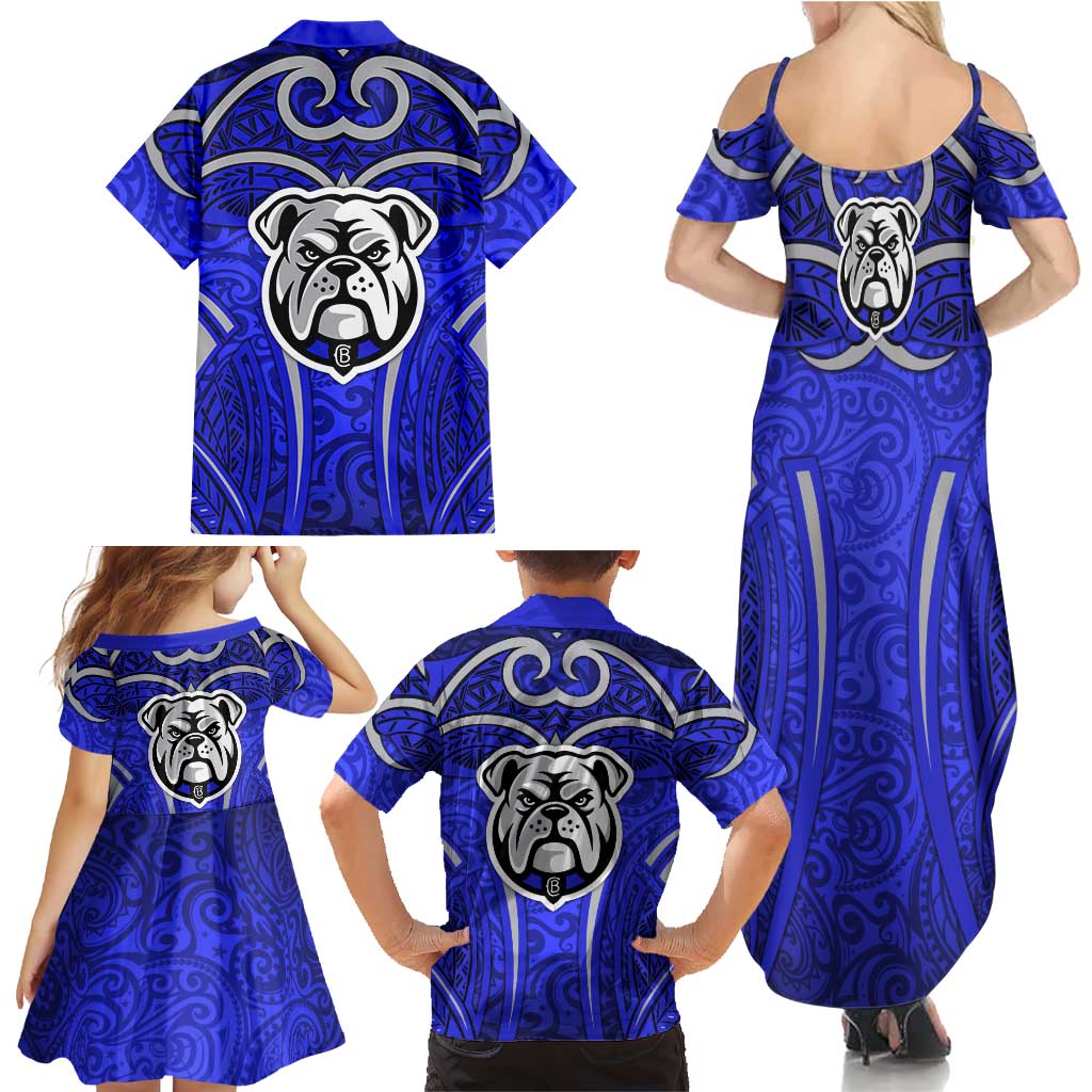 Canterbury Bankstown Bulldogs Rugby Family Matching Summer Maxi Dress and Hawaiian Shirt Polynesian Tribal Bulldog Warrior Blue Pattern