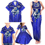 Canterbury Bankstown Bulldogs Rugby Family Matching Tank Maxi Dress and Hawaiian Shirt Polynesian Tribal Bulldog Warrior Blue Pattern