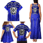Canterbury Bankstown Bulldogs Rugby Family Matching Tank Maxi Dress and Hawaiian Shirt Polynesian Tribal Bulldog Warrior Blue Pattern