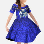 Canterbury Bankstown Bulldogs Rugby Kid Short Sleeve Dress Polynesian Tribal Bulldog Warrior Blue Pattern