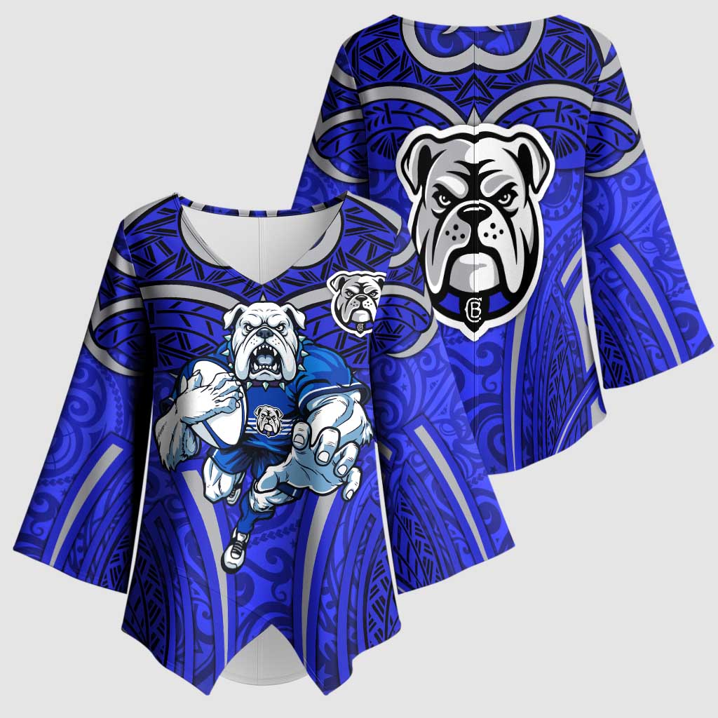 Canterbury Bankstown Bulldogs Rugby Kimono Sleeve Blouse Polynesian Tribal Bulldog Warrior Blue Pattern