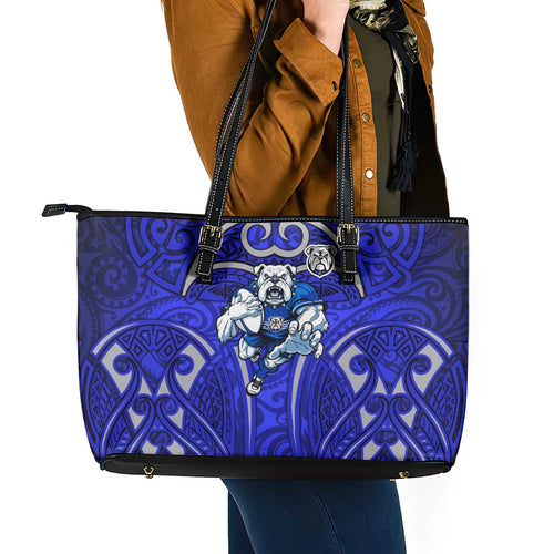 Canterbury Bankstown Bulldogs Rugby Leather Tote Bag Polynesian Tribal Bulldog Warrior Blue Pattern