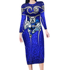 Canterbury Bankstown Bulldogs Rugby Long Sleeve Bodycon Dress Polynesian Tribal Bulldog Warrior Blue Pattern