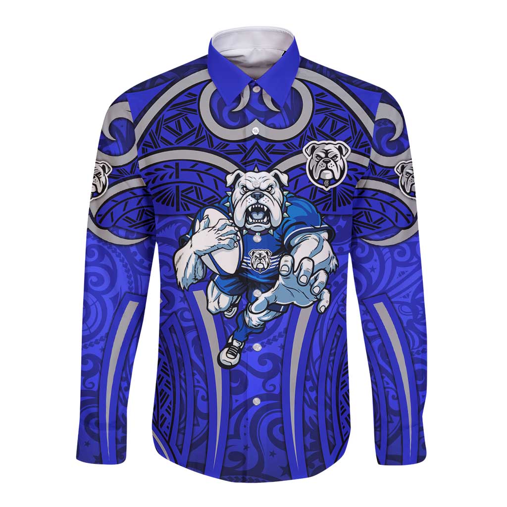 Canterbury Bankstown Bulldogs Rugby Long Sleeve Button Shirt Polynesian Tribal Bulldog Warrior Blue Pattern