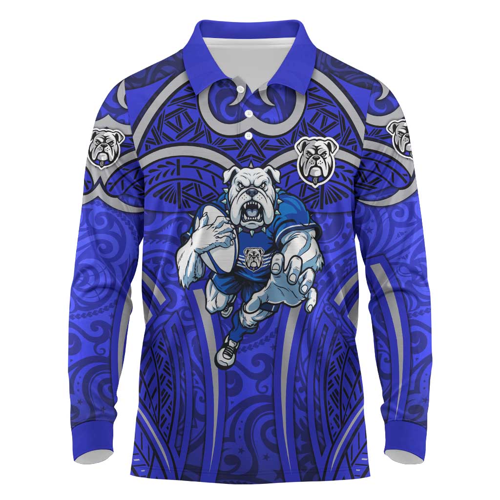 Canterbury Bankstown Bulldogs Rugby Long Sleeve Polo Shirt Polynesian Tribal Bulldog Warrior Blue Pattern