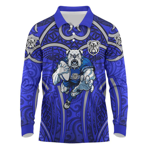 Canterbury Bankstown Bulldogs Rugby Long Sleeve Polo Shirt Polynesian Tribal Bulldog Warrior Blue Pattern