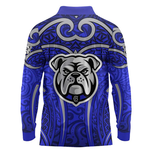 Canterbury Bankstown Bulldogs Rugby Long Sleeve Polo Shirt Polynesian Tribal Bulldog Warrior Blue Pattern