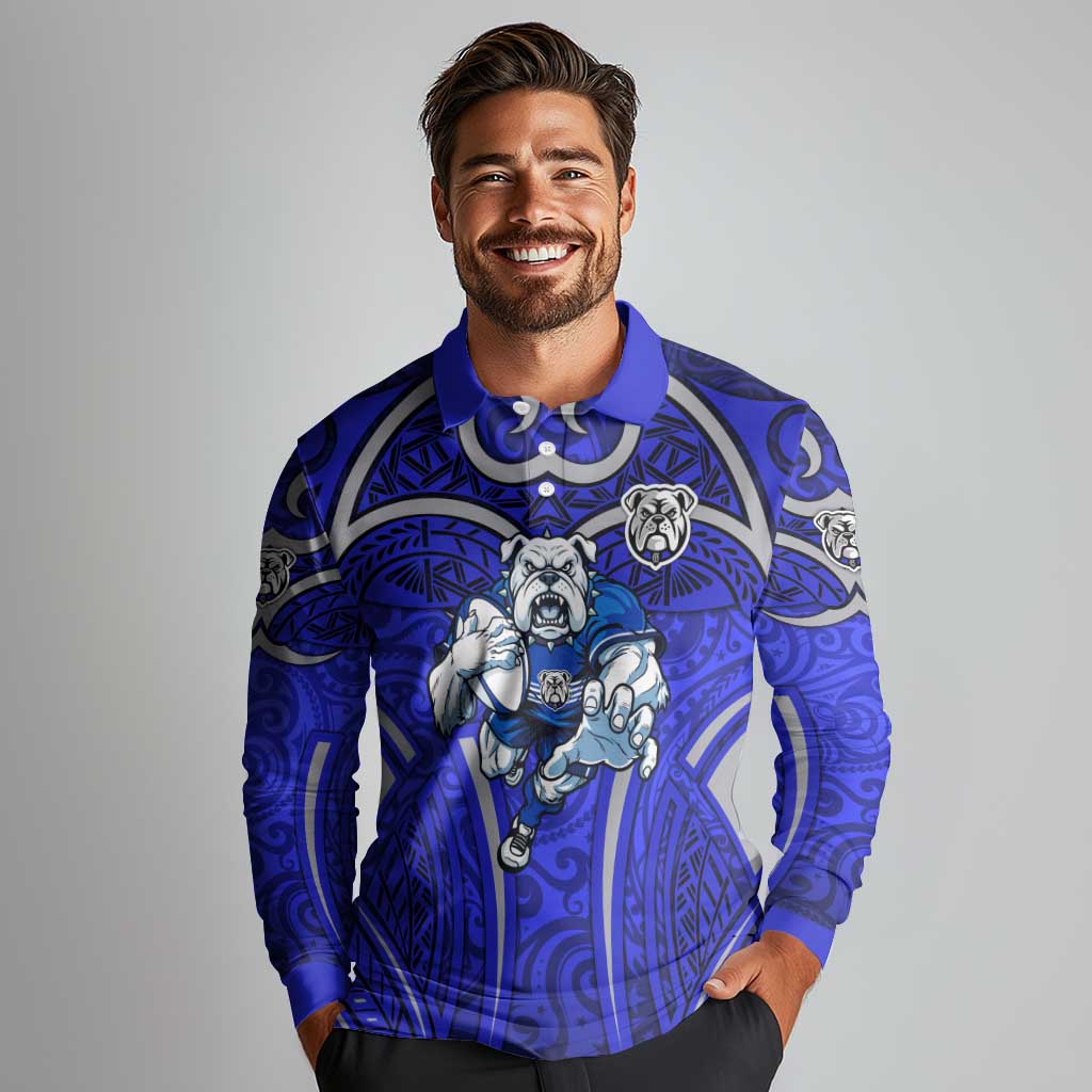 Canterbury Bankstown Bulldogs Rugby Long Sleeve Polo Shirt Polynesian Tribal Bulldog Warrior Blue Pattern