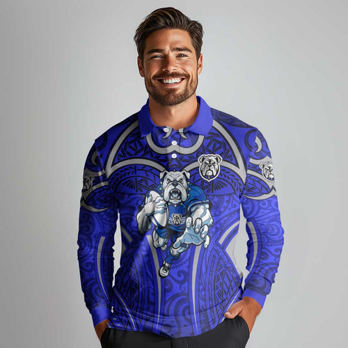 Canterbury Bankstown Bulldogs Rugby Long Sleeve Polo Shirt Polynesian Tribal Bulldog Warrior Blue Pattern