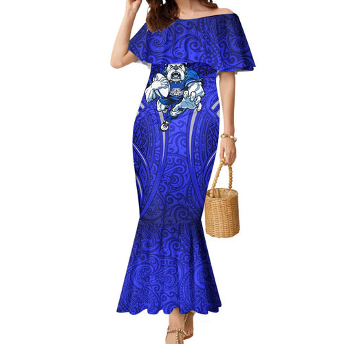 Canterbury Bankstown Bulldogs Rugby Mermaid Dress Polynesian Tribal Bulldog Warrior Blue Pattern