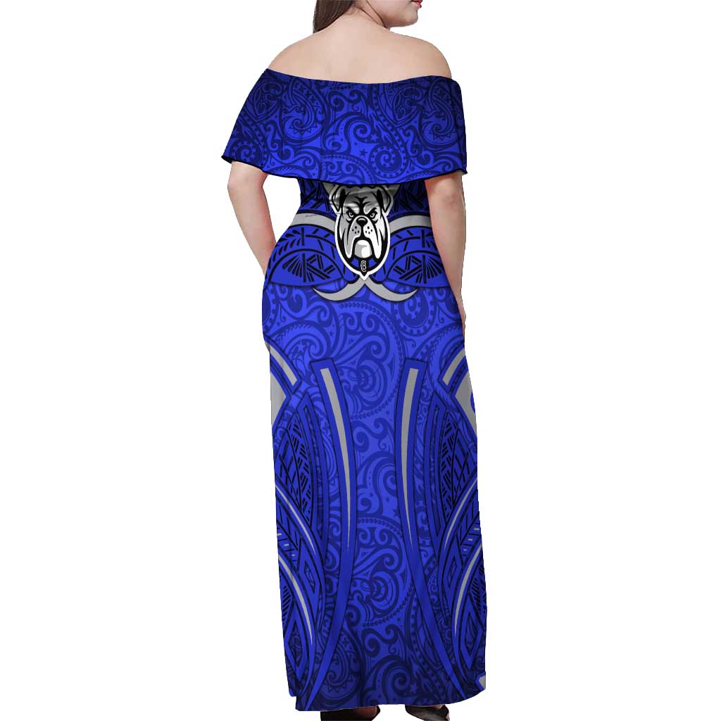 Canterbury Bankstown Bulldogs Rugby Off Shoulder Maxi Dress Polynesian Tribal Bulldog Warrior Blue Pattern