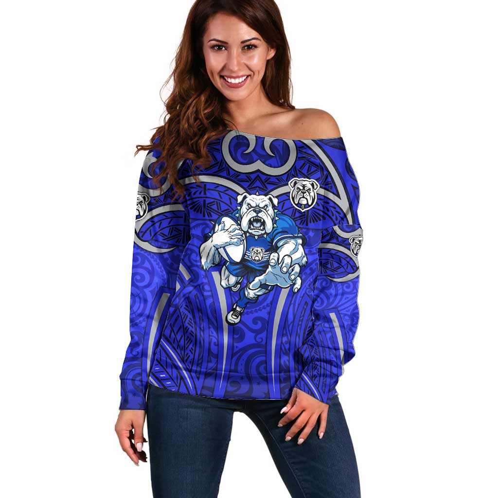 Canterbury Bankstown Bulldogs Rugby Off Shoulder Sweater Polynesian Tribal Bulldog Warrior Blue Pattern